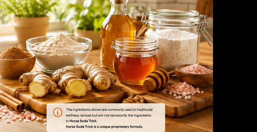 Ginger, honey, cinnamon and other natural wellness ingredients arranged in a warm kitchen setting